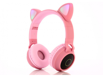 Fone de Ouvido Bluetooth com Orelhas de Gato Led - Rosa 