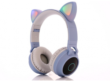 Fone de Ouvido Bluetooth com Orelhas de Gato Led - Azul Claro 