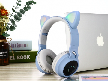 Fone de Ouvido Bluetooth com Orelhas de Gato Led - Azul Claro