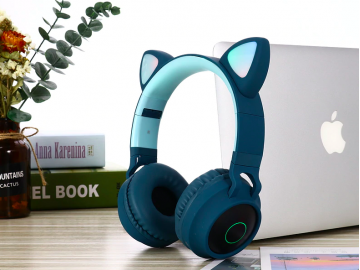 Fone de Ouvido Bluetooth com Orelhas de Gato Led - Azul Escuro