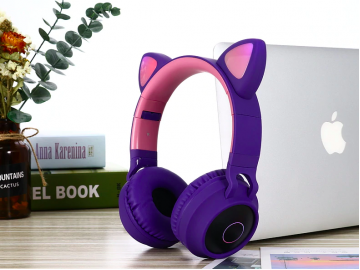 Fone de Ouvido Bluetooth com Orelhas de Gato Led - Roxo