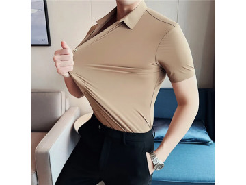 Camisa Masculina Slim Fit Confort Stretch Manga Curta - Marrom 