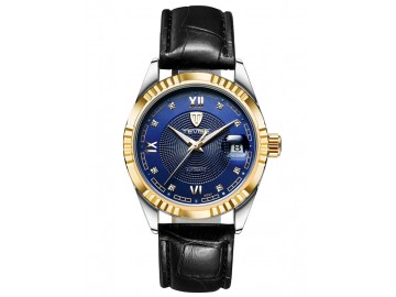 Relógio Tevise 629-003 Masculino Automático Pulseira de Couro Preto - Azul e Dourado 