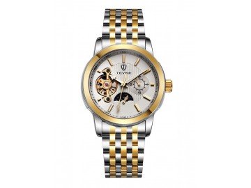 Relógio Tevise 8408 Masculino Automático Pulseira de Aço Inoxidável - Branco e Dourado 