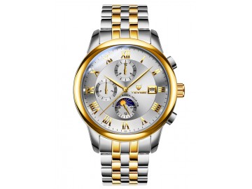 Relógio Tevise 9008 Masculino Automático Pulseira de Aço Inoxidável - Branco e Dourado 