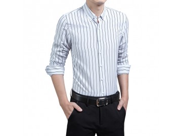 Camisa Masculina Slim Listrada Manga Longa - Branco